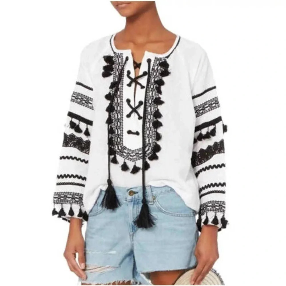 Dodo Bar Or Malka Tassel Top White Black - Picture 1 of 5